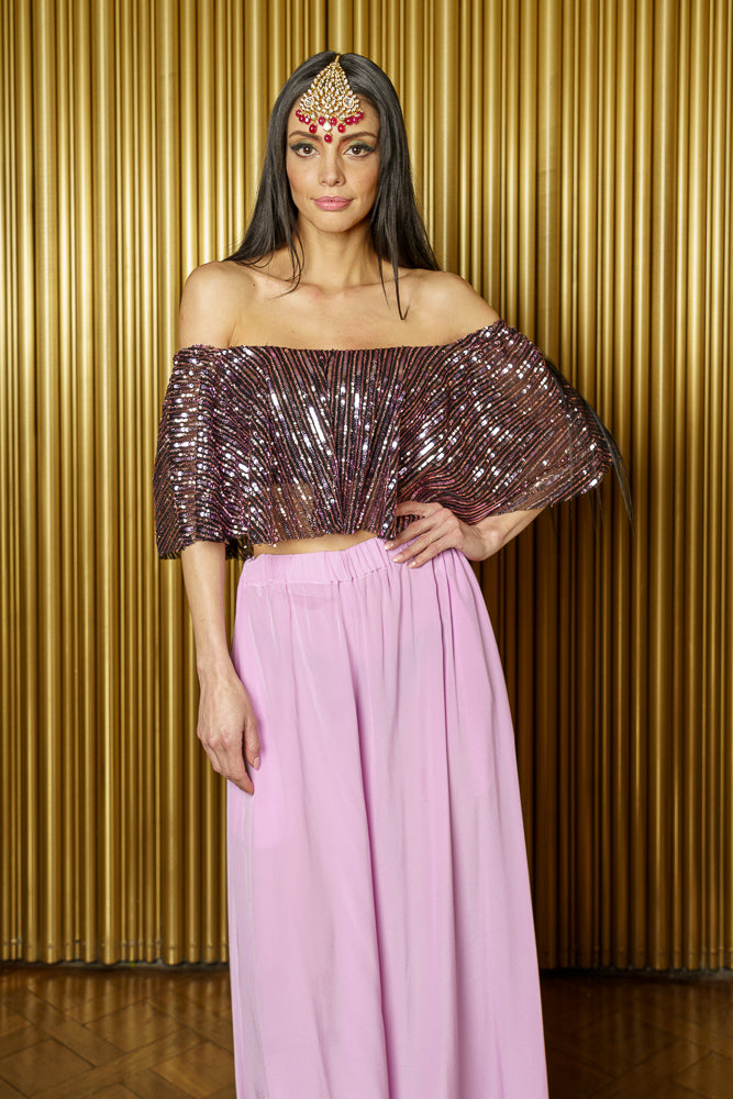 SINEMA Off-the-Shoulder Flowy Top in Striped Sequins - Front View - Harleen Kaur - Modern Indian Womenswear