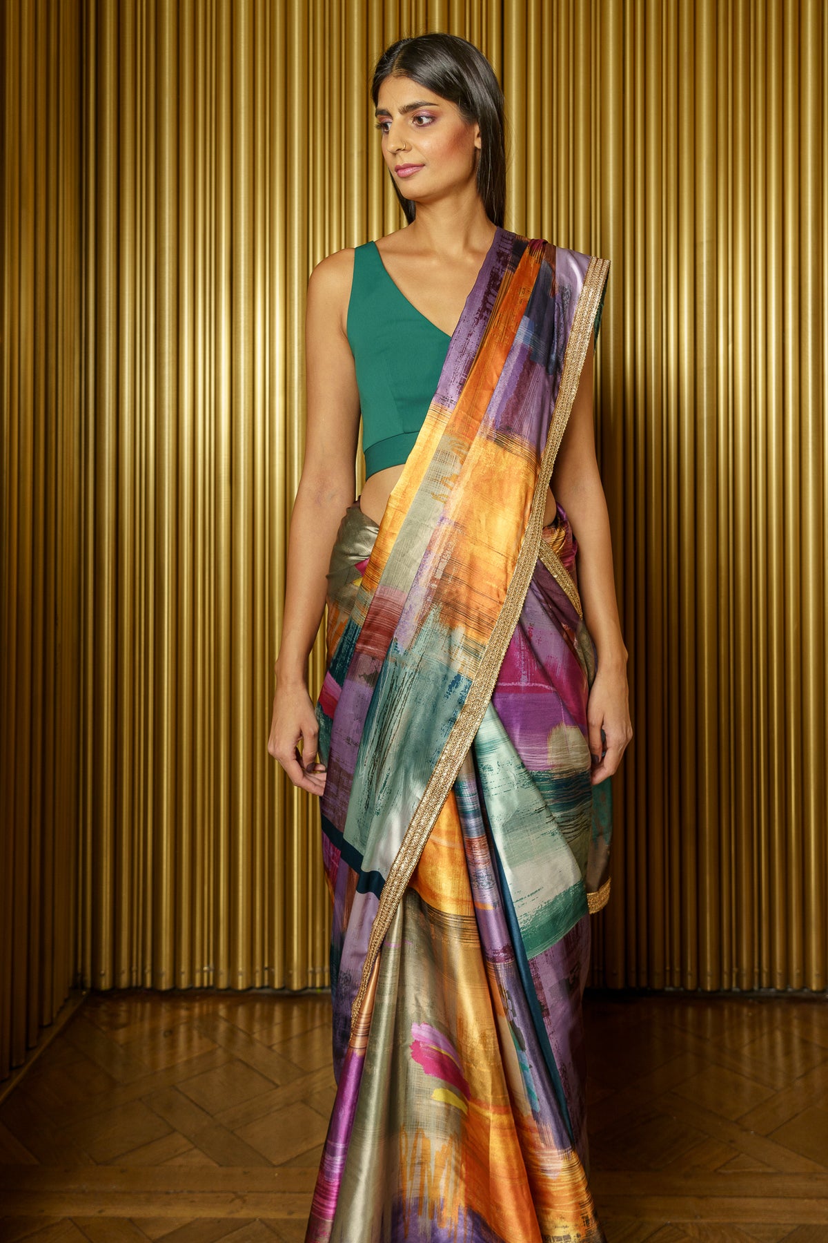 SERENA Multicolor Satin Sari - Front View - Harleen Kaur Indian Womenswear