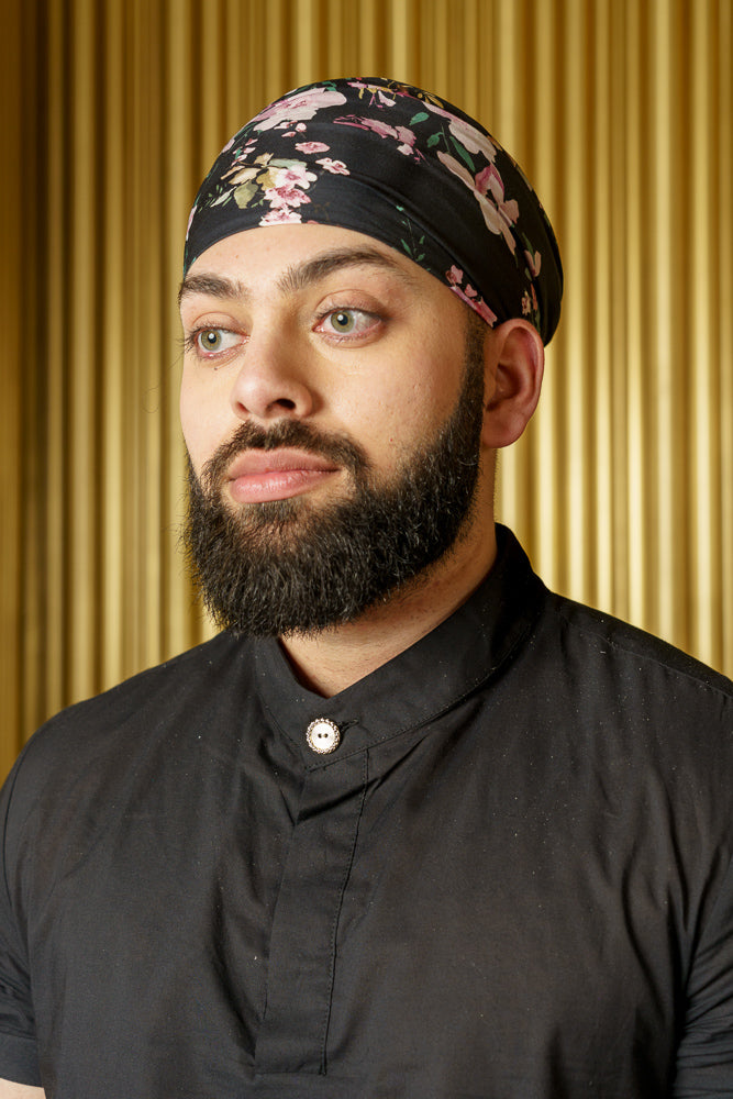 KAZ Black Floral Blossom Turban - Front View - Harleen Kaur - Modern South Asian Menswear