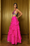 TAARA Silk Ruffle Lehenga Skirt in Fuchsia and CHRISTINE Striped Sequin Crop Top - Side View - Harleen Kaur Womenswear