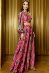 BARKHA One Shoulder Striped Sequin Crop Top in Pink and Green - Side View - Harleen Kaur Indian Womenswear