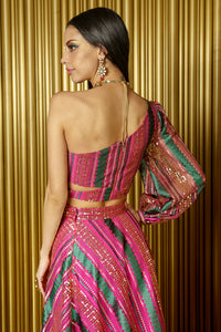 BARKHA One Shoulder Striped Sequin Crop Top - Back View - Harleen Kaur - Modern Indian Womenswear