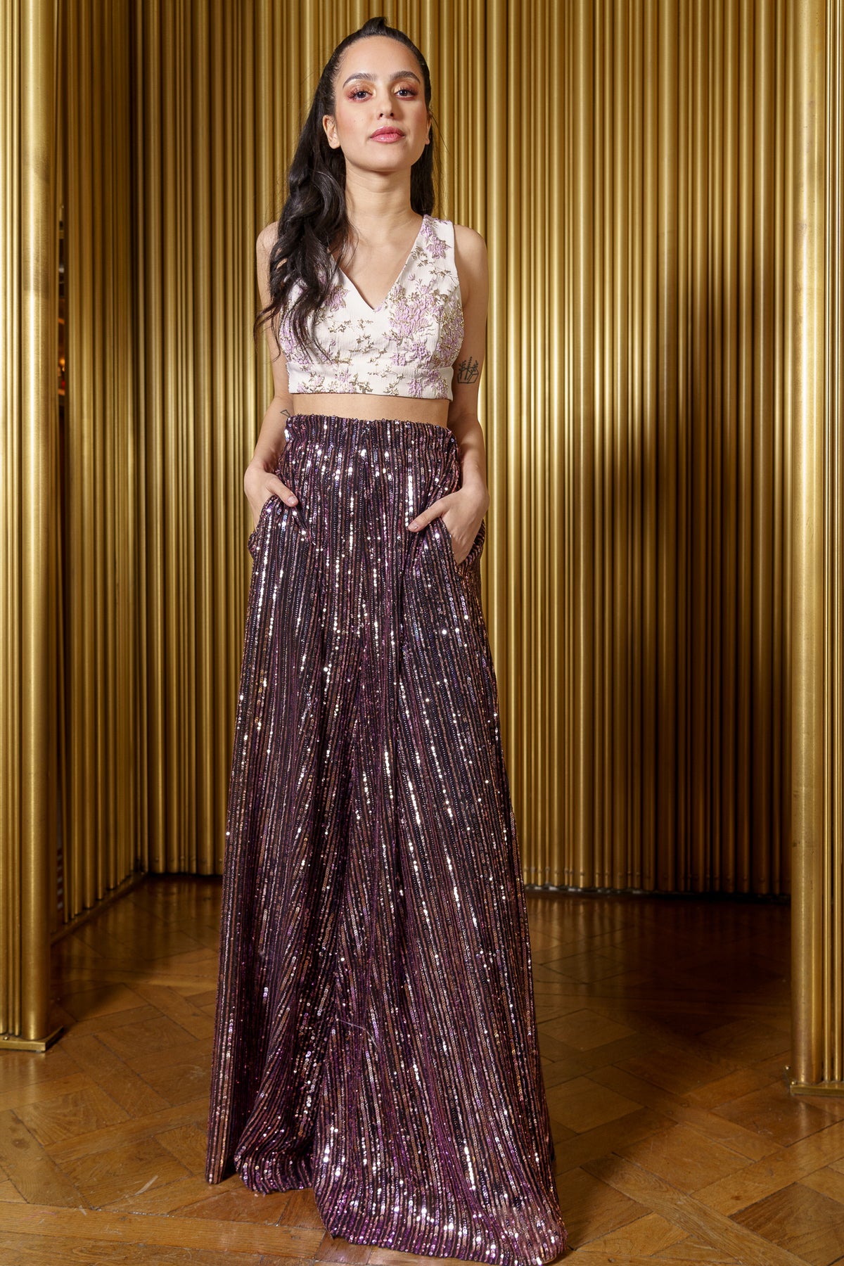 SONA High Rise Wide Leg Pants in Striped Sequins - Harleen Kaur - Indian Womenswear