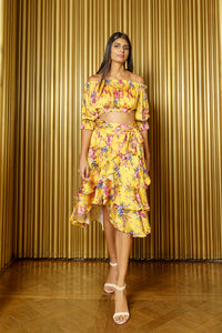 CARLEIGH Yellow Floral Ruffle Hi Lo Skirt - Front View - Harleen Kaur - Indian Womenswear