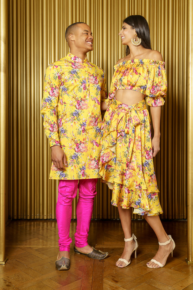 SUNNY Yellow Floral Kurta - Front View - Harleen Kaur - Indowestern Menswear