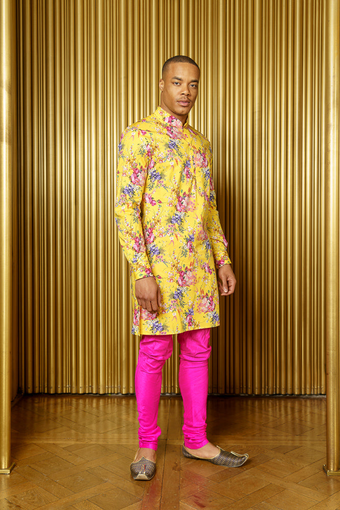 SUNNY Long Sleeve Floral Kurta with Mandarin Collar - Front View - Harleen Kaur - Ecoconscious Menswear