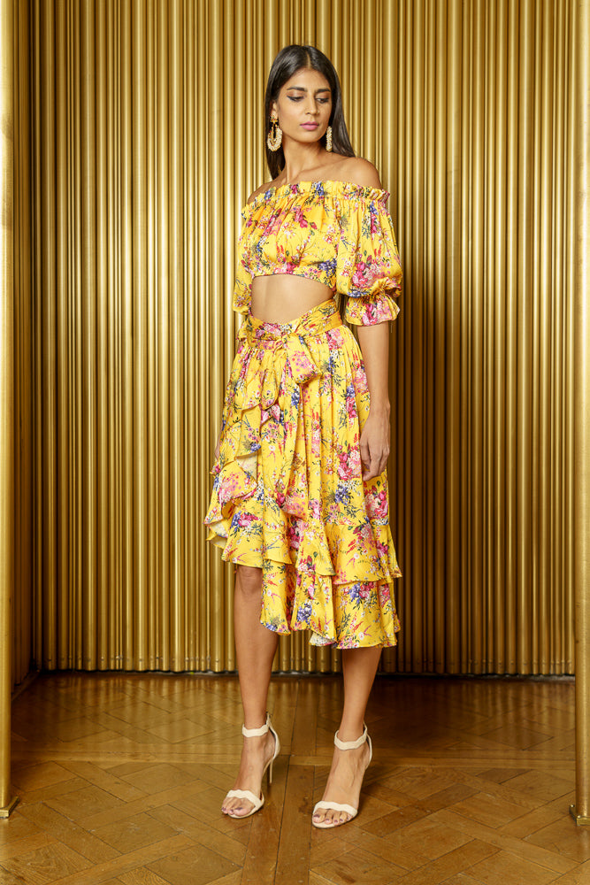 EMMA Floral Off Shoulder Crop Top Yellow Floral - Front View - Harleen Kaur - Ecoconscious Womenswear