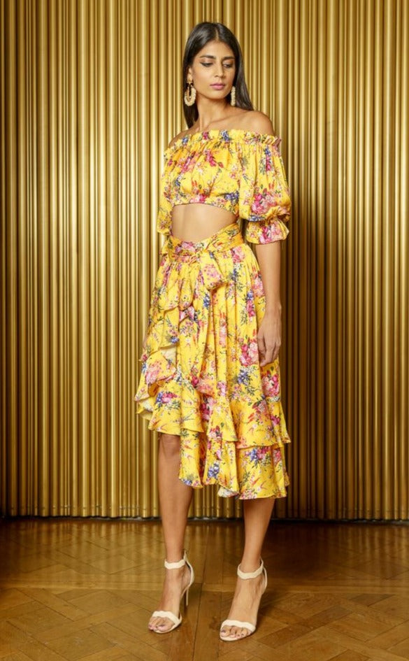 CARLEIGH Floral Ruffle Hi-Lo Lehenga - Side View - Harleen Kaur - Ecoconscious Womenswear
