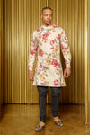 LUCKY Cream Floral Kurta with Mandarin Collar - Front View - Harleen Kaur - South Asian Menswear