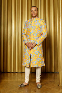 LANE Yellow Floral Jacquard Sherwani - Front View - Harleen Kaur - South Asian Menswear