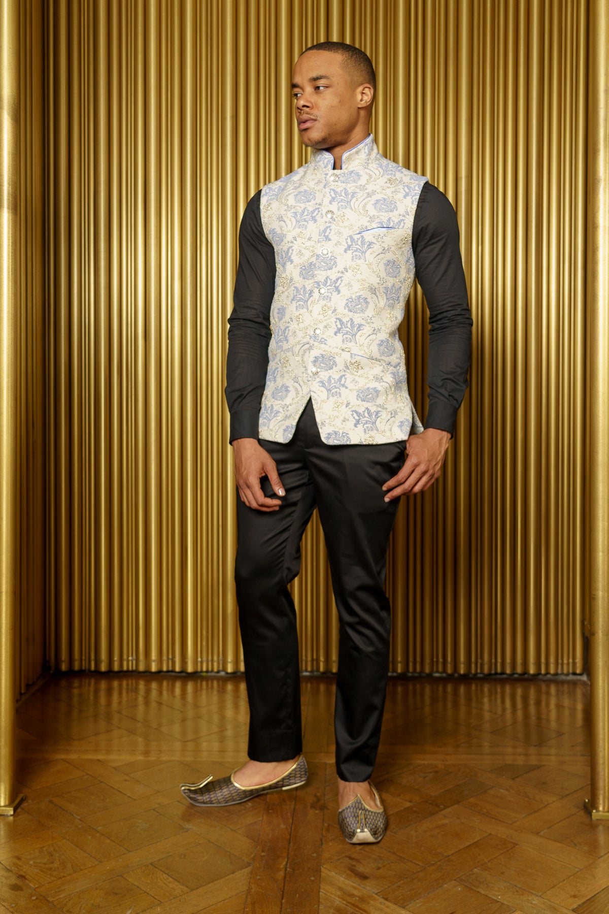 NIK Metallic Floral Bandi Vest - Front View - Harleen Kaur - Modern Indian Menswear