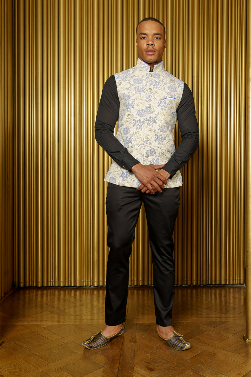 NIK Metallic Floral Bandi Vest with Mandarin Collar - Front View - Harleen Kaur - South Asian Menswear