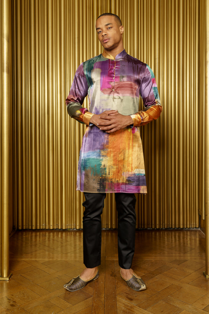 LUCA Multicolor Satin Kurta - Front Kurta - Harleen Kaur - Indowestern Menswear