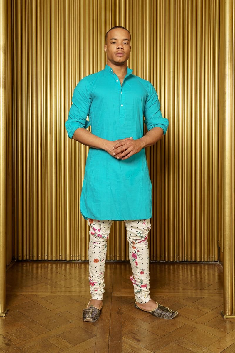 Raaya Long Sleeve Cotton Kurta in Teal - Front View - Harleen Kaur - Indian Menswear