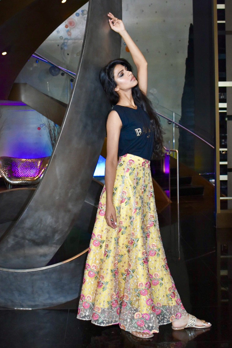Geena Singh in DIANA Embroidered Lehenga Skirt in Gold - Side View | HARLEEN KAUR