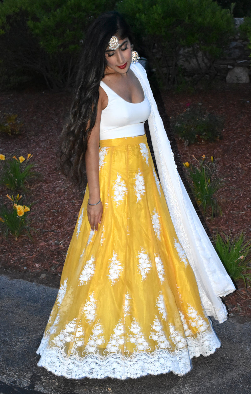 DEE Chiffon Lehenga Skirt in Vibrant Yellow with White Embroidery - Front View - Harleen Kaur - Indian Womenswear