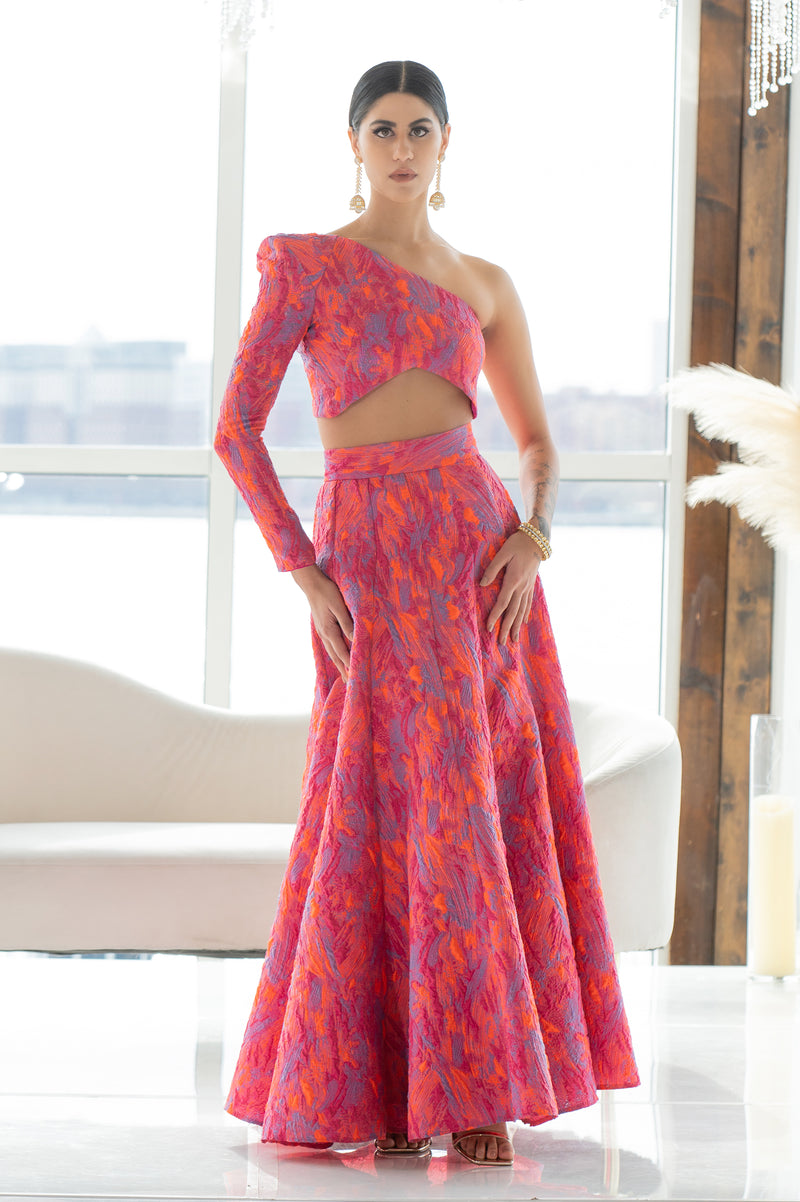 Samantha Nitting in the orange and pink lehenga skirt - Front View - Harleen Kaur NYC
