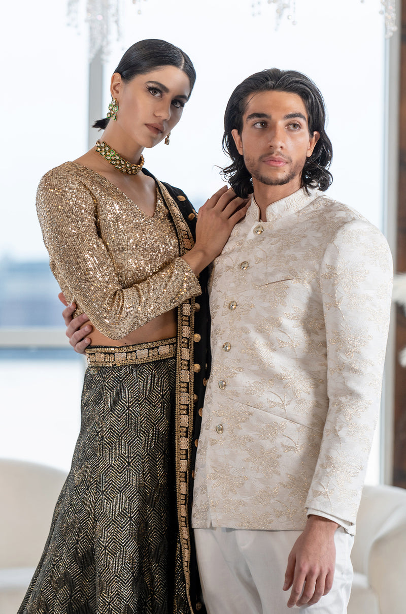 SANDESH Ivory and Gold Jodhpuri Jacket