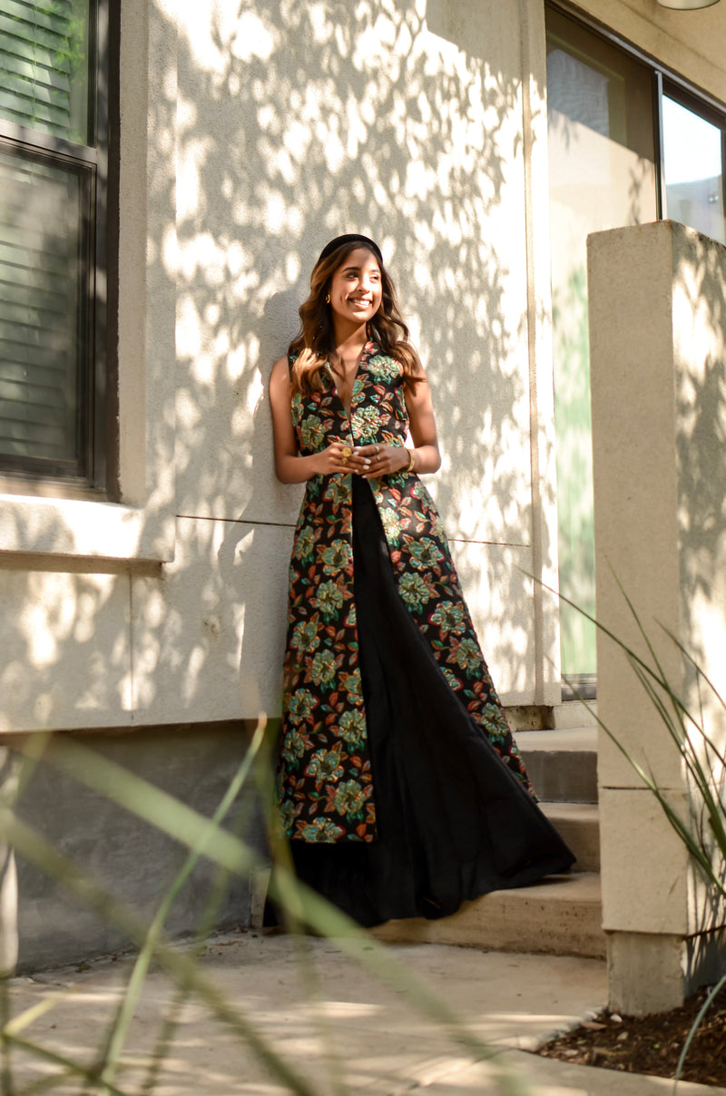 Sanjana in the Black and Green Chika Floral Jacket Dress and Divya Silk Lehenga Skirt - Harleen Kaur