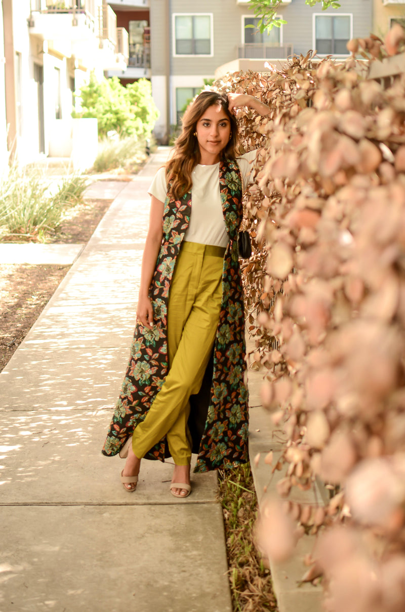 Sanjana in the Black Multi Chika Floral Duster - Harleen Kaur - Indowestern Wear Made in New York City