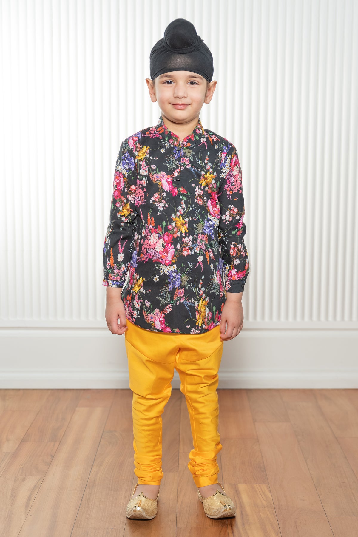 ZEESHAN Black Floral Cotton Kids Kurta