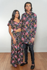 Wide leg high waisted black floral print pants - Harleen Kaur