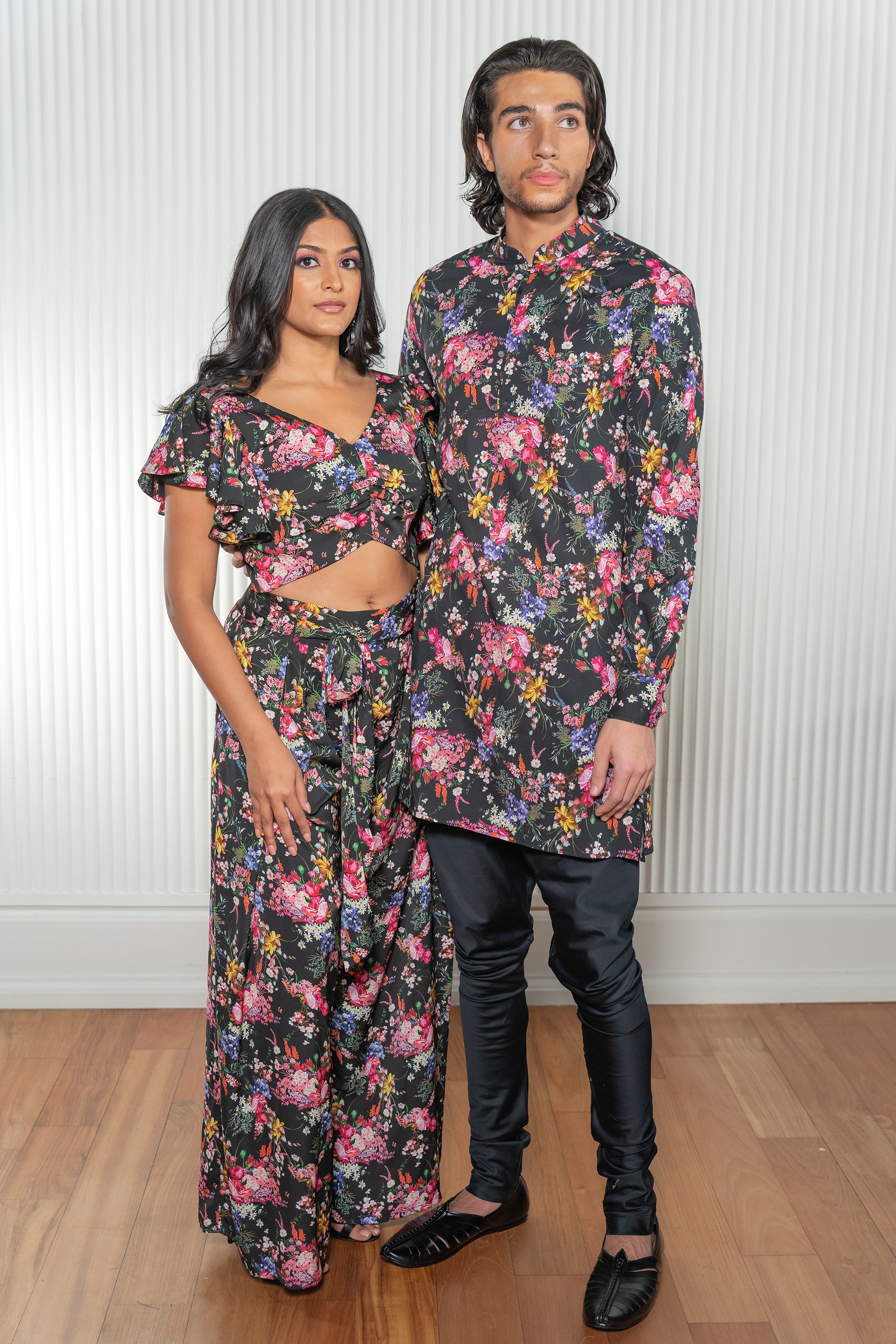 Wide leg high waisted black floral print pants - Harleen Kaur