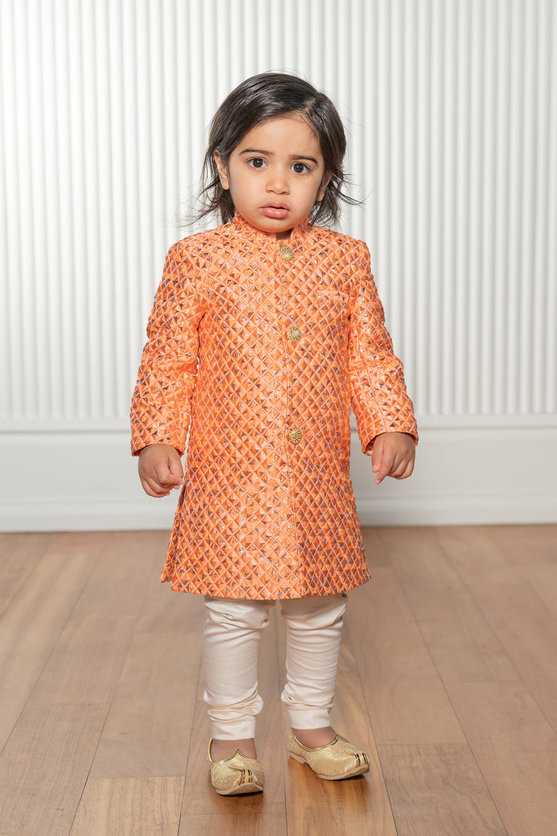 HARVIR Metallic Diamond Jacquard Kids Sherwani