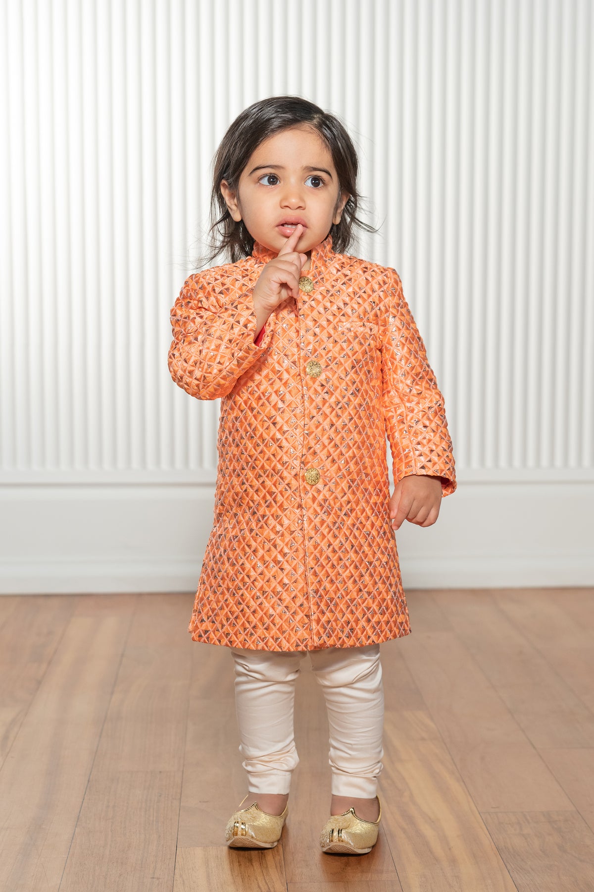 HARVIR Metallic Diamond Jacquard Kids Sherwani