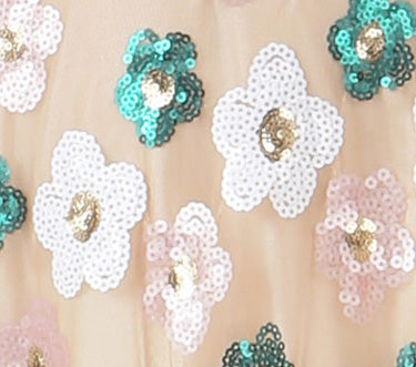 Harleen Kaur SANYA Nude Sequin Crop Top with White, Green, and Blush Flowers