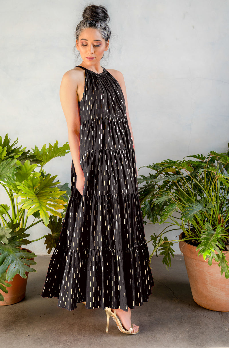 Black Maxi Anarkali Dress With Gold Detail | Harleen Kaur Gemma Dress