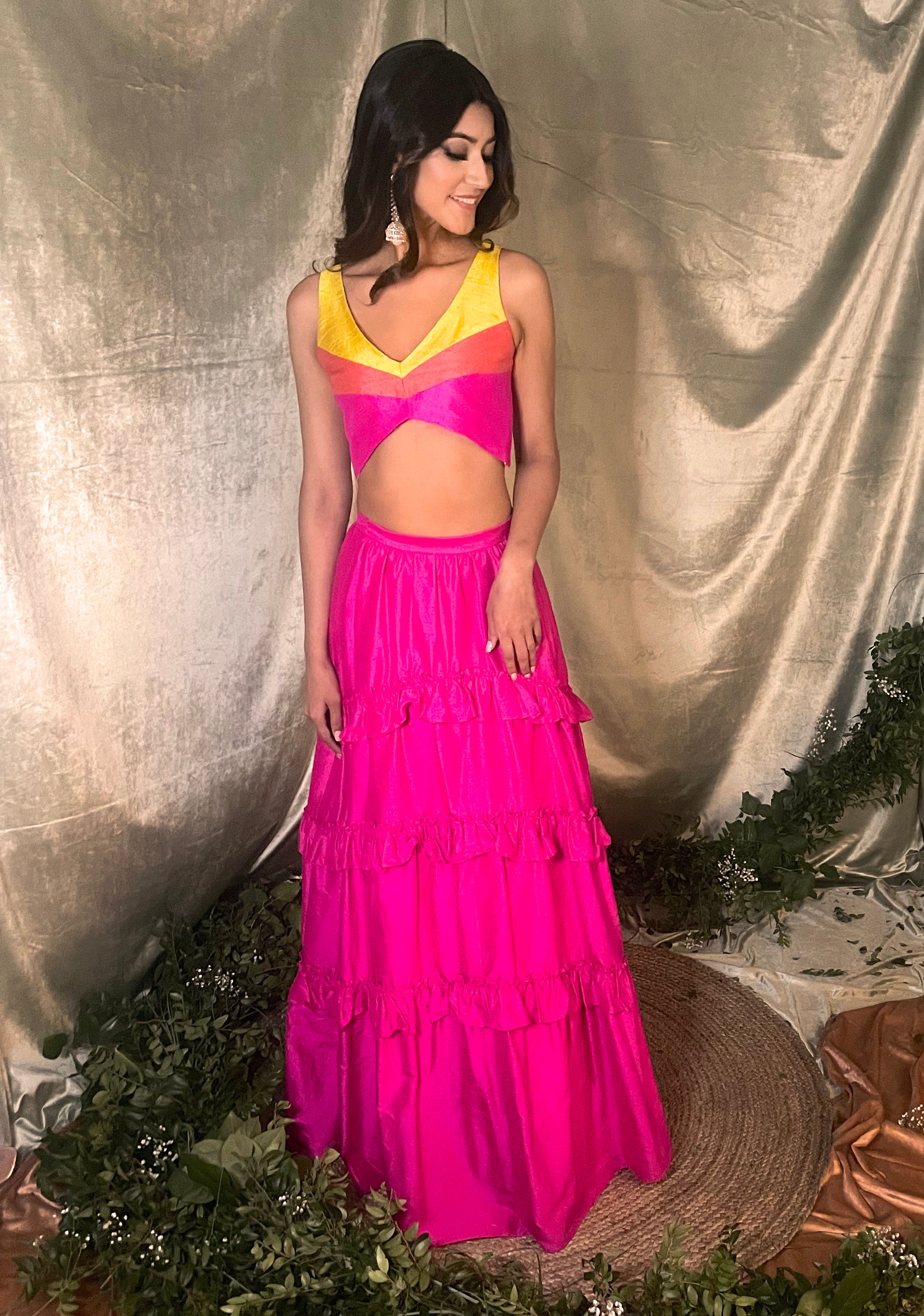 Anavi Sharma in a silk yellow, orange, and pink colorblock lehenga top - Front View - Harleen Kaur