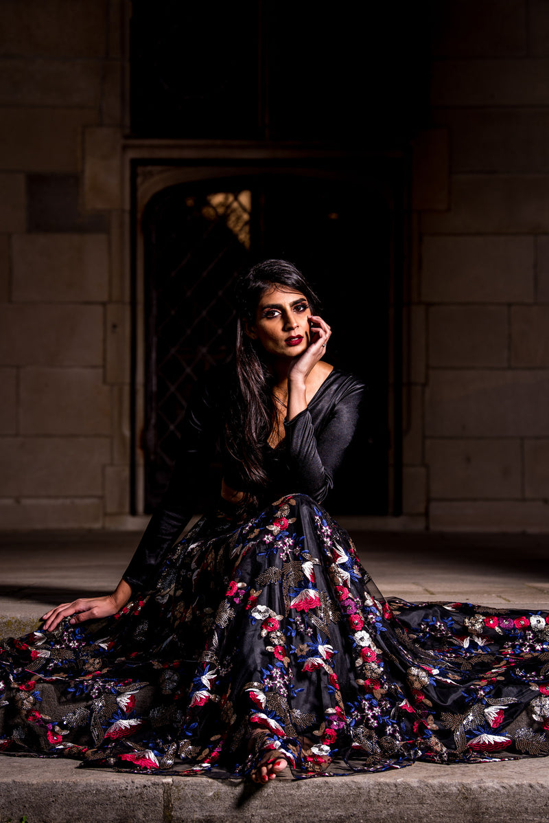 NEELA Black Floral Sequin Lehenga Skirt - Front View - Harleen Kaur