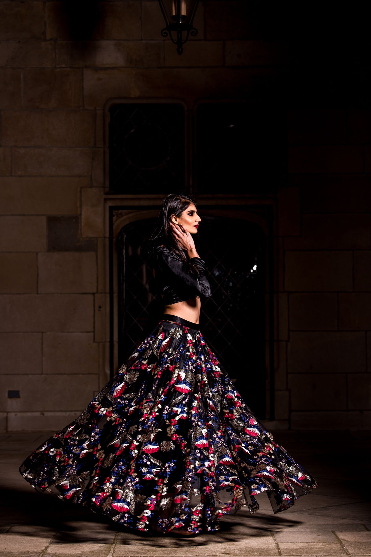 NEELA Black Floral Sequin Skirt - Side View - Harleen Kaur