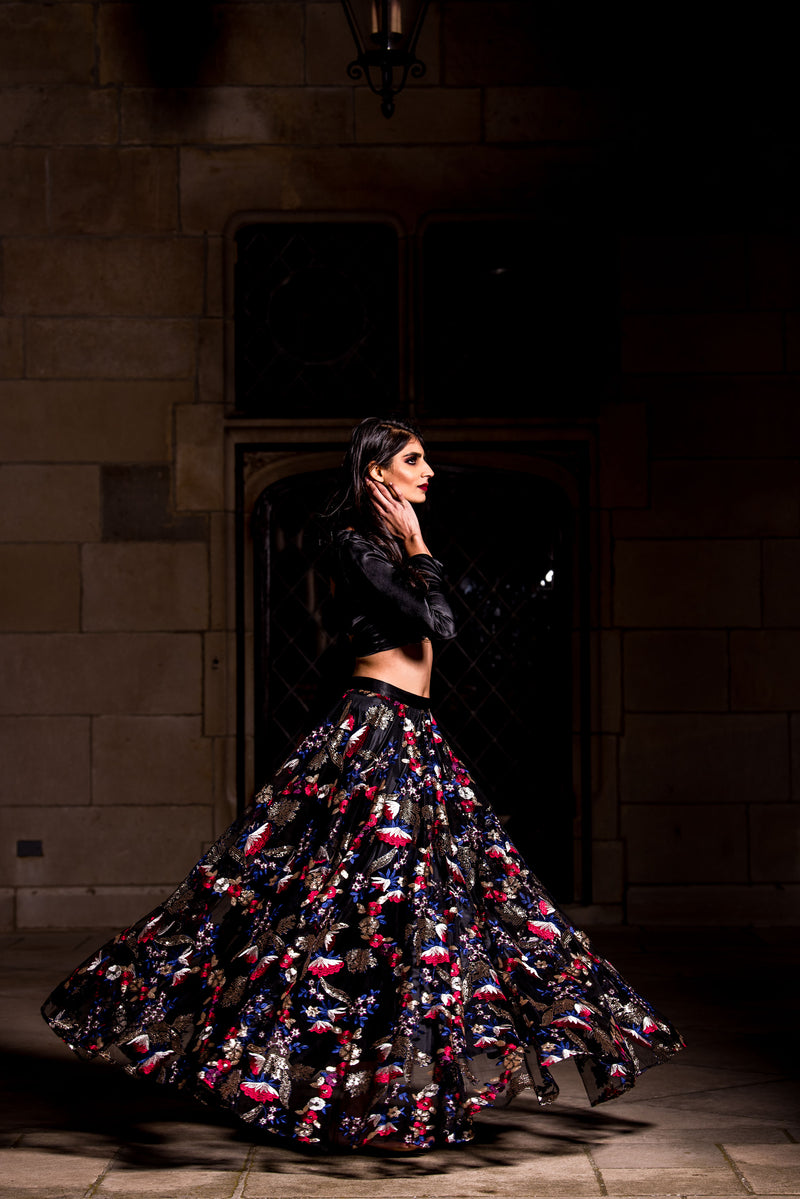 NEELA Black Floral Sequin Skirt - Side View - Harleen Kaur