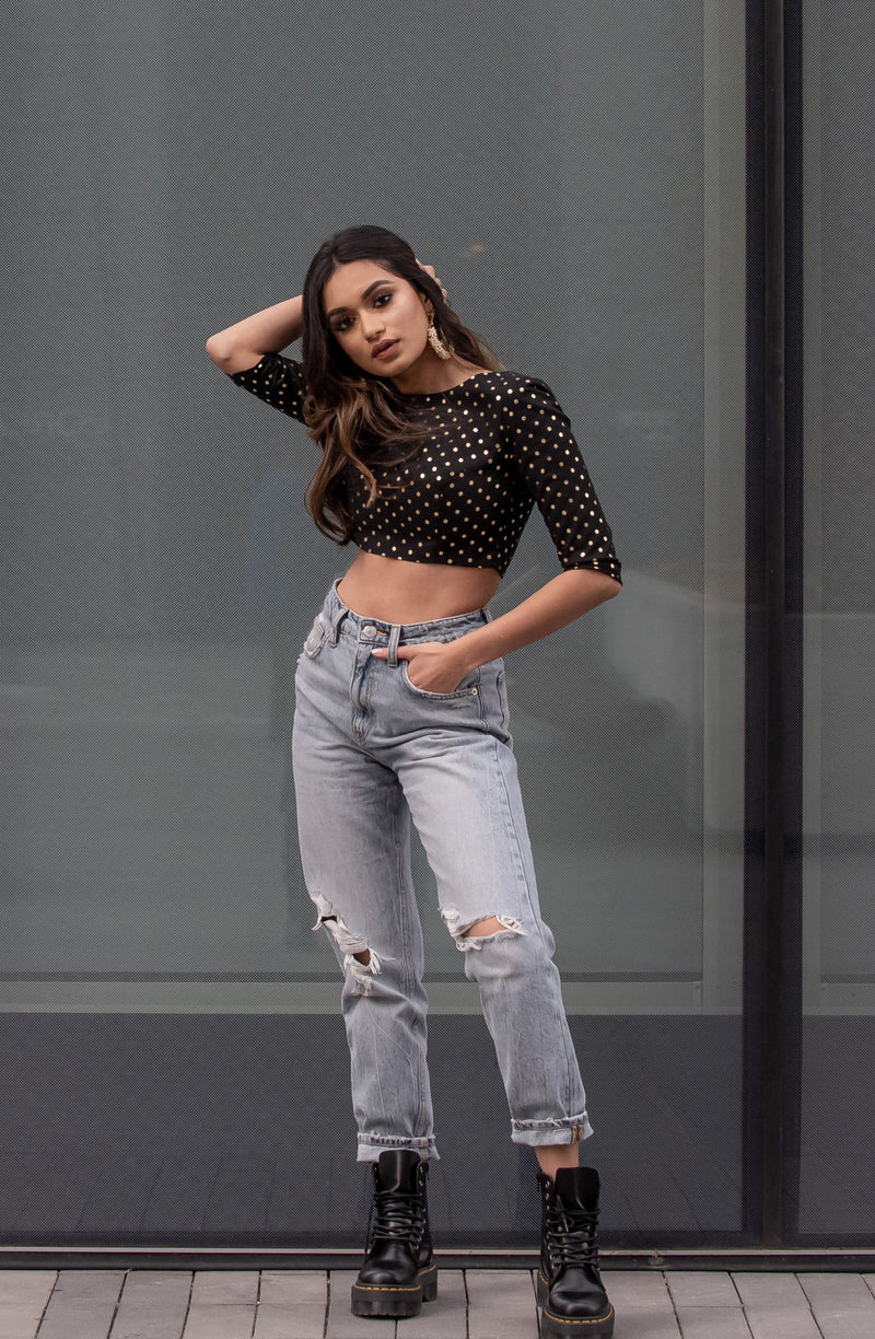 Diti Goradia in the Anoor Black and Gold Cotton Crop Top - Harleen Kaur - Indowestern Blouse