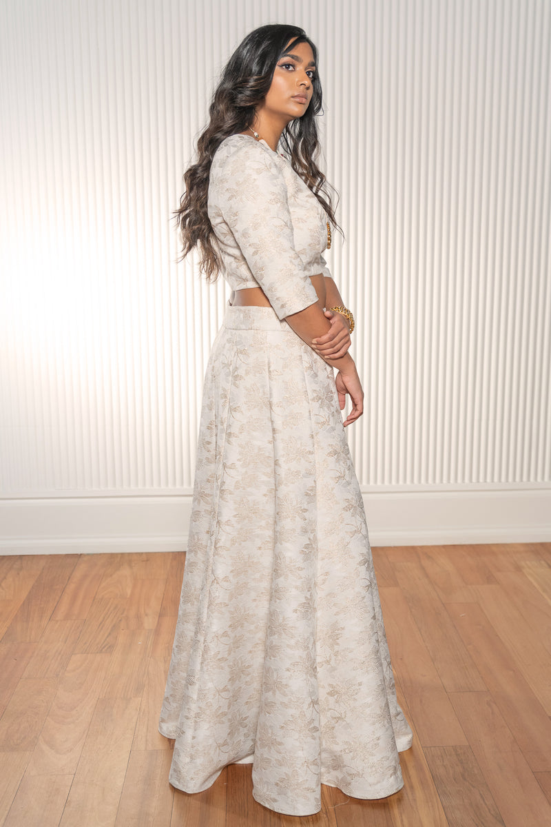 Ivory and Gold Floral Jacquard Lehenga Skirt - Side View - Harleen Kaur