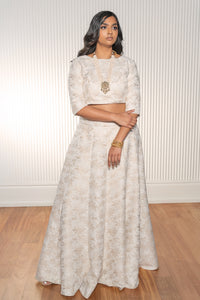 Ivory and Gold Half Sleeve Lehenga Blouse - Front View - Harleen Kaur