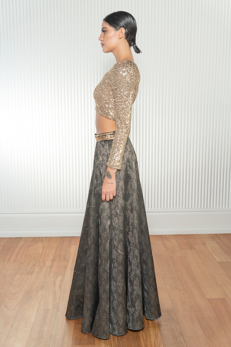 Metallic Black Diamond Maze Jacquard Lehenga Skirt with a Gold Sequin Trim on the Waist - Side View - Harleen Kaur