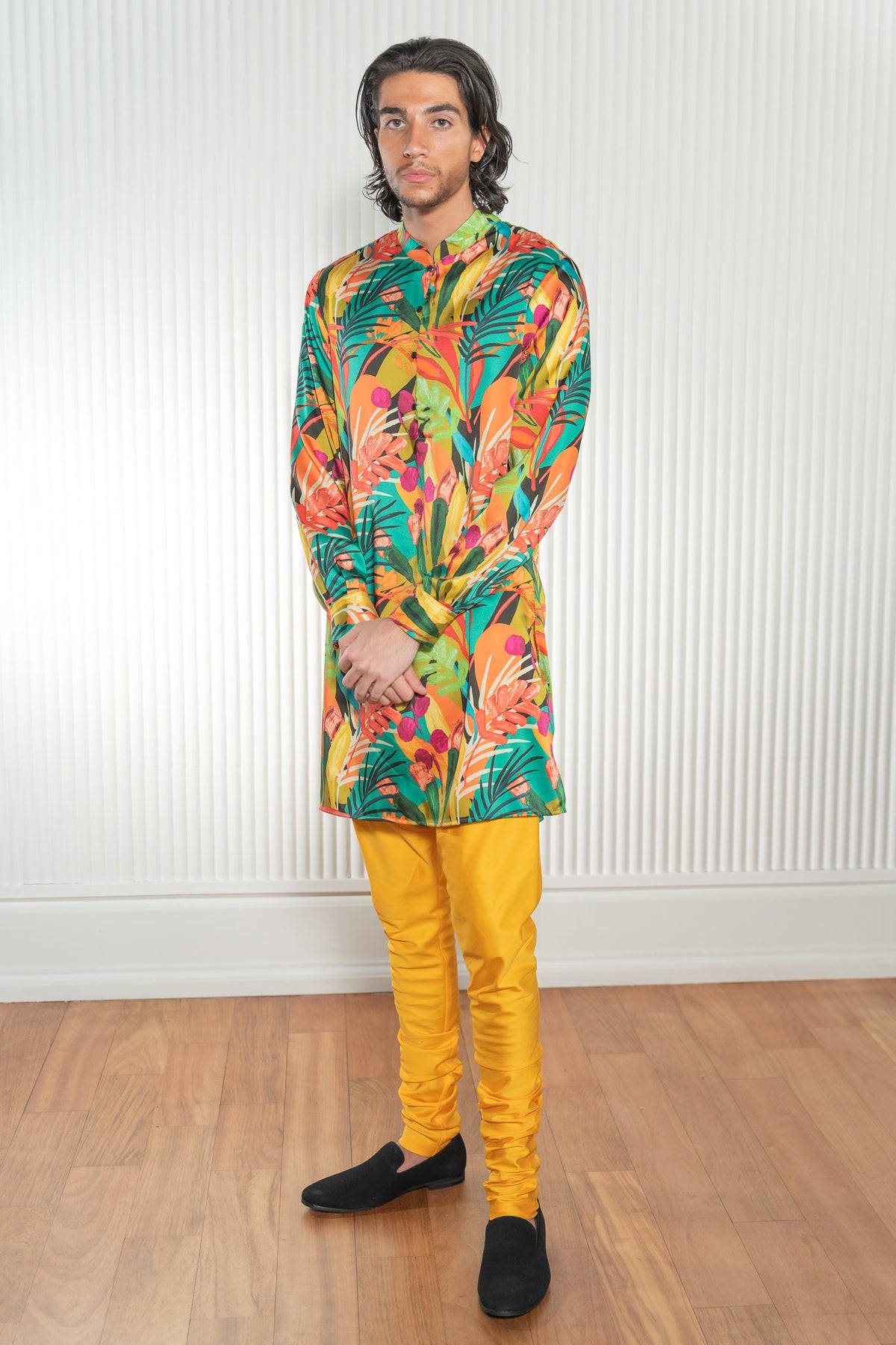 Tropical Floral Print Kurta with hues of Orange, Green, and Golden Yellows - Front View - Harleen Kaur - Indian Menswear