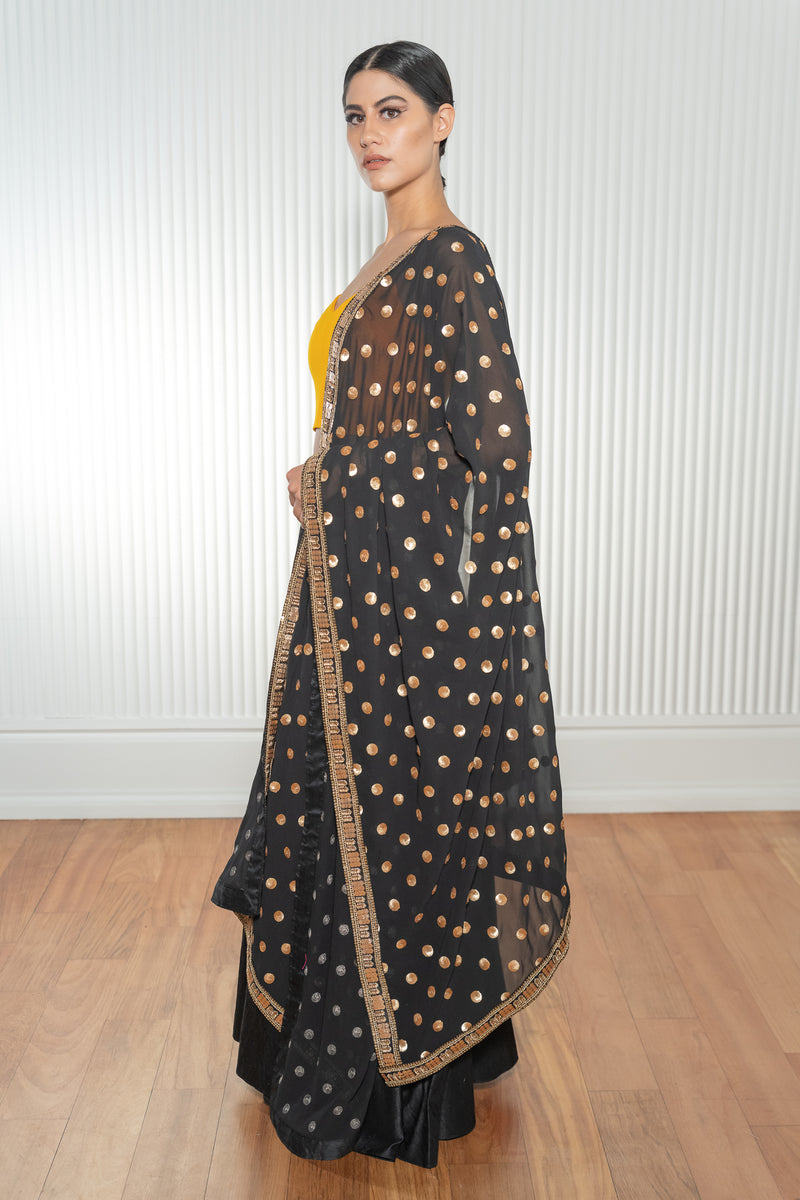 black dress with golden dupatta Black Premium Designer Ready-to-Wear Gown with Dupatta Emb