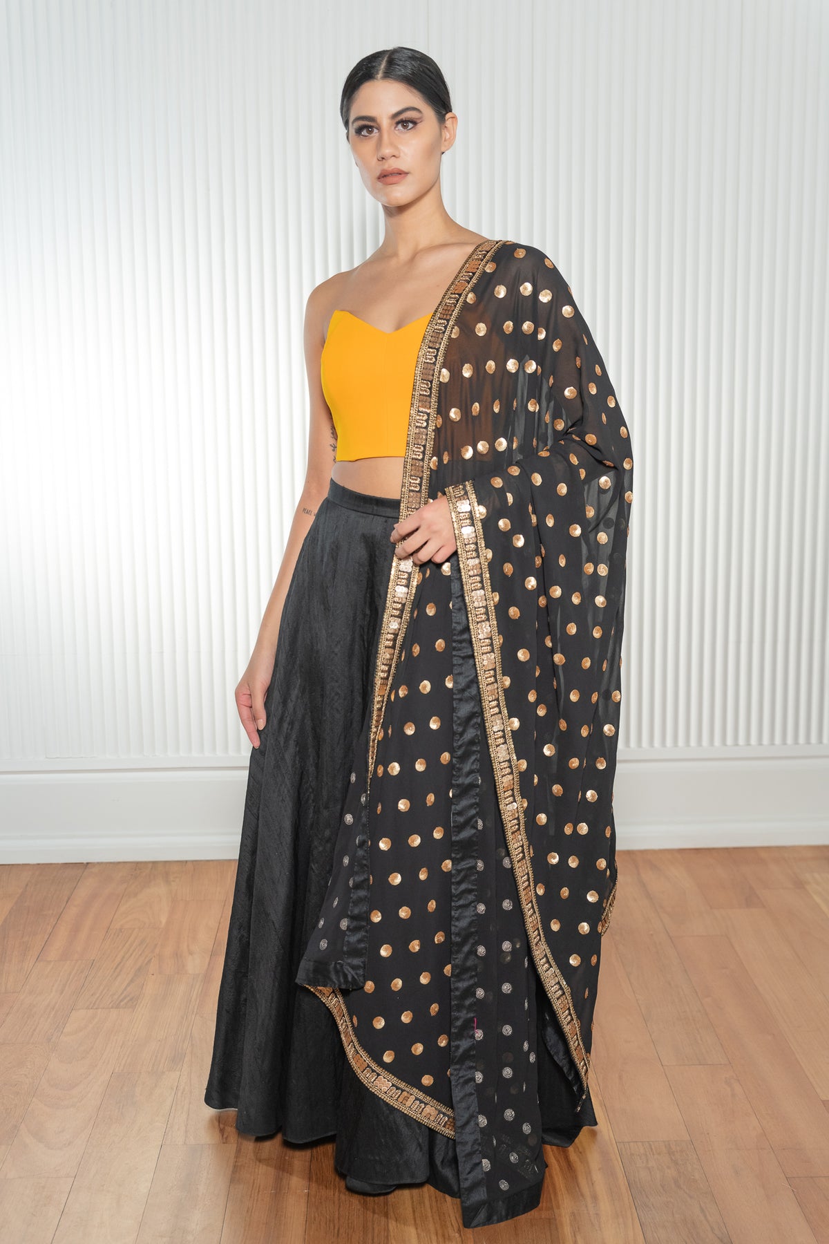 REBA Black & Gold Polkadot Dupatta