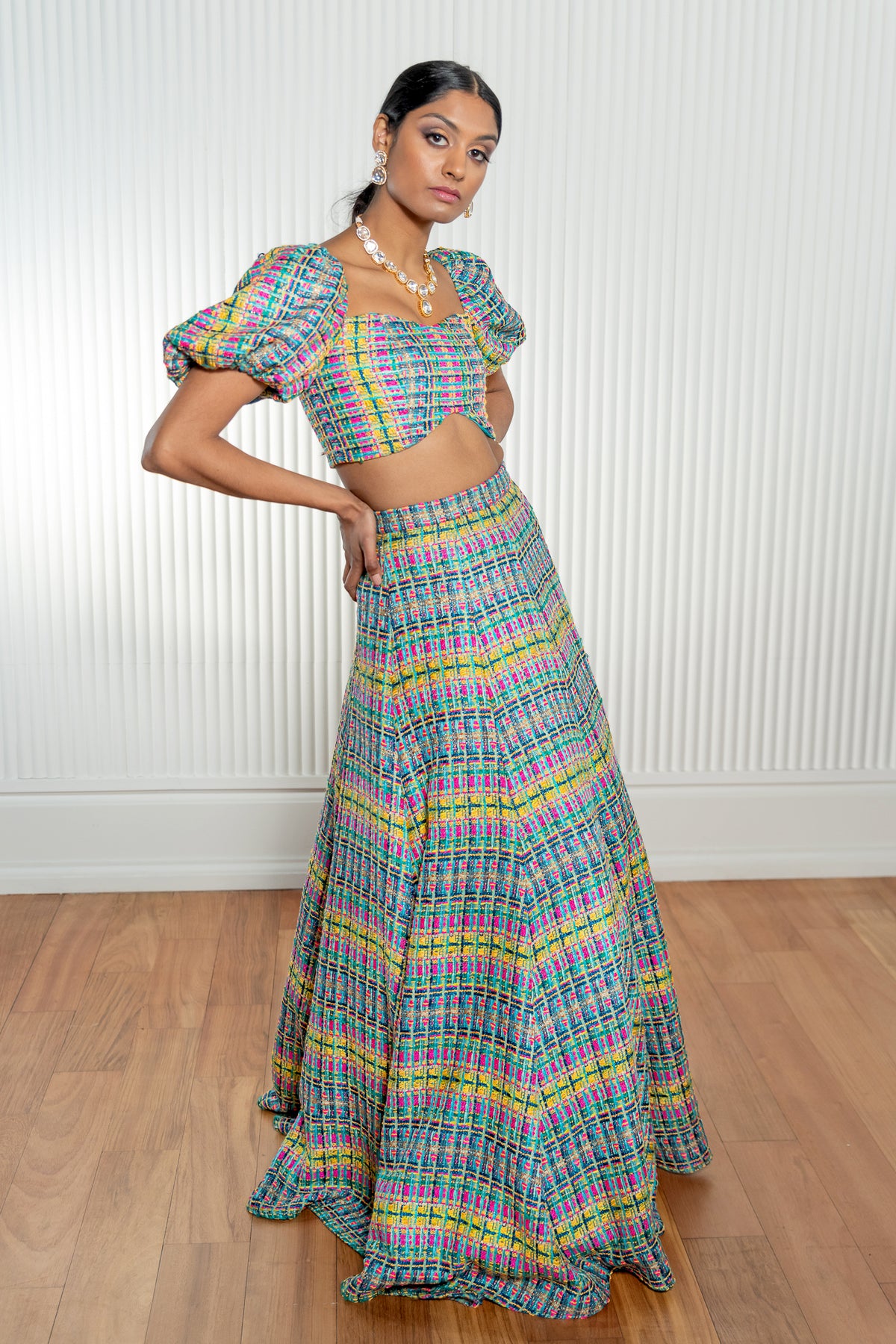 high waisted colorful tweed lehenga skirt - front view - Harleen Kaur