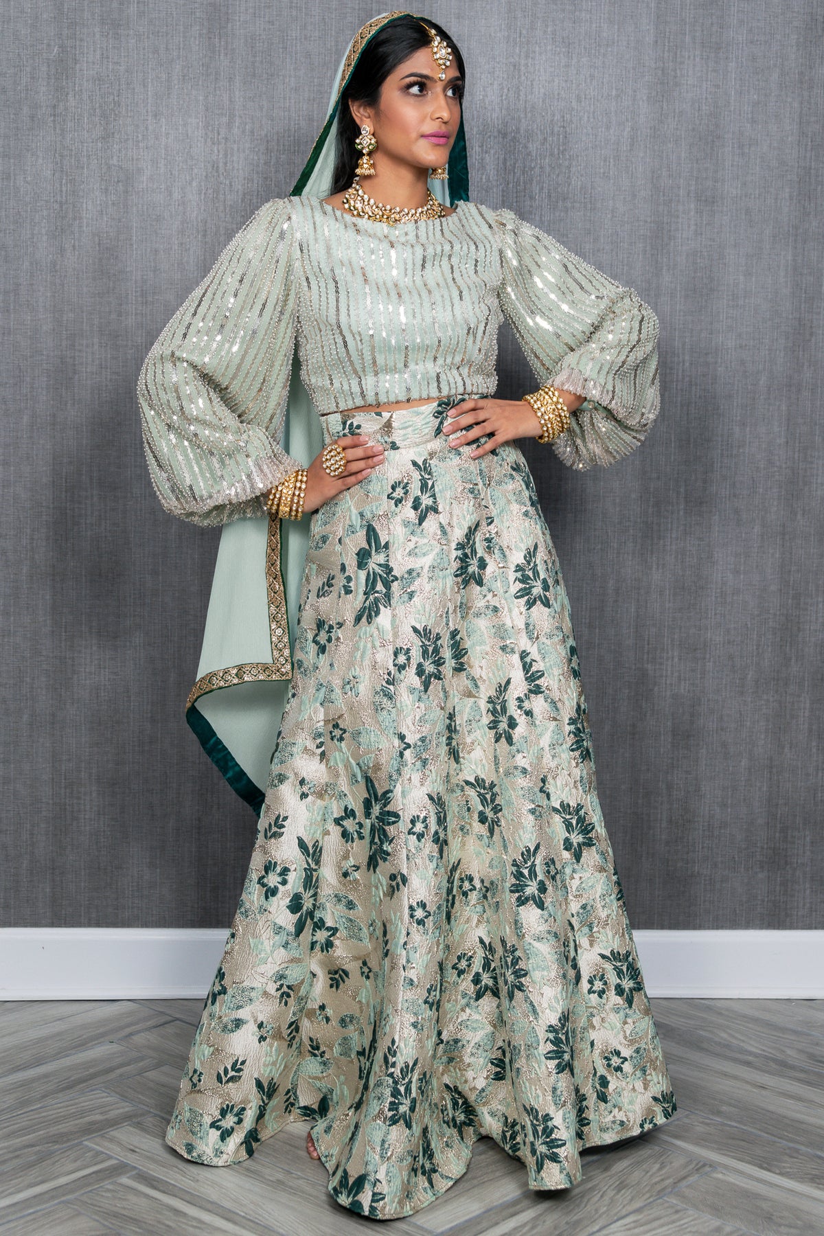 AVNI Green and Mint Floral Jacquard Skirt