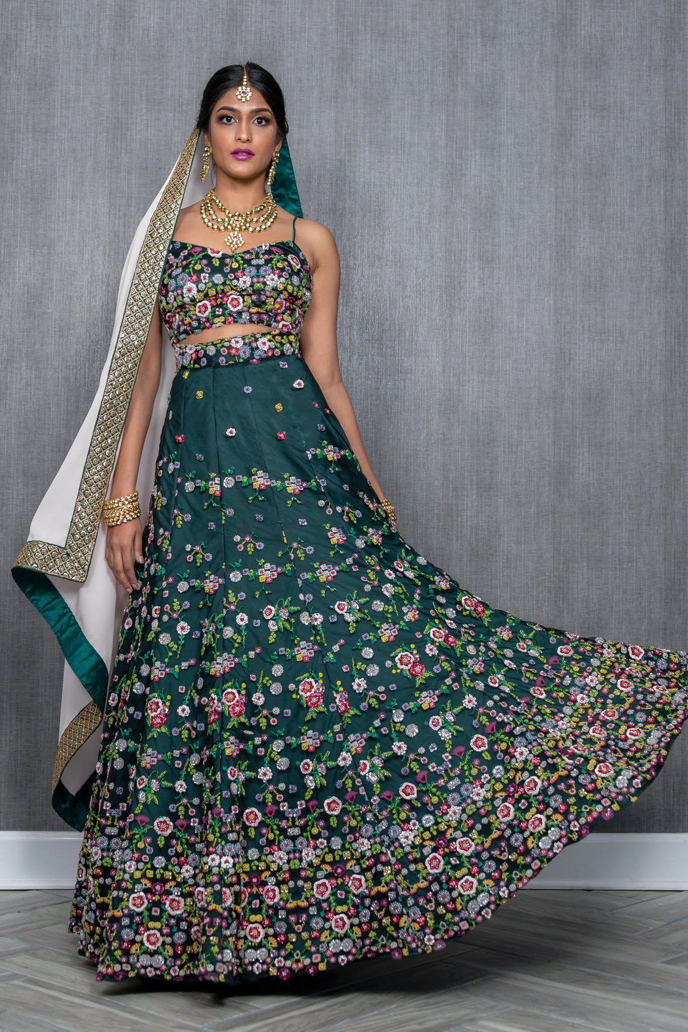 Panna Floral Embroidered Indian Bridal Lehenga - Forest Green - Harleen Kaur