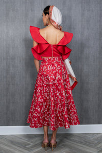 Sejal Red Floral Midi Wedding Lehenga Skirt - Back View - Harleen Kaur Wedding 2021