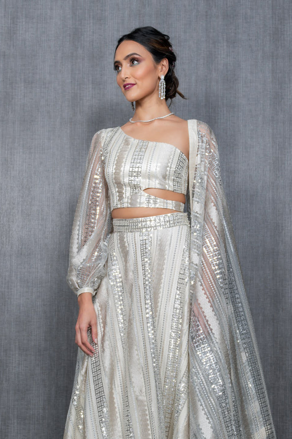 BARKHA White and Silver Sequin One Shoulder Top