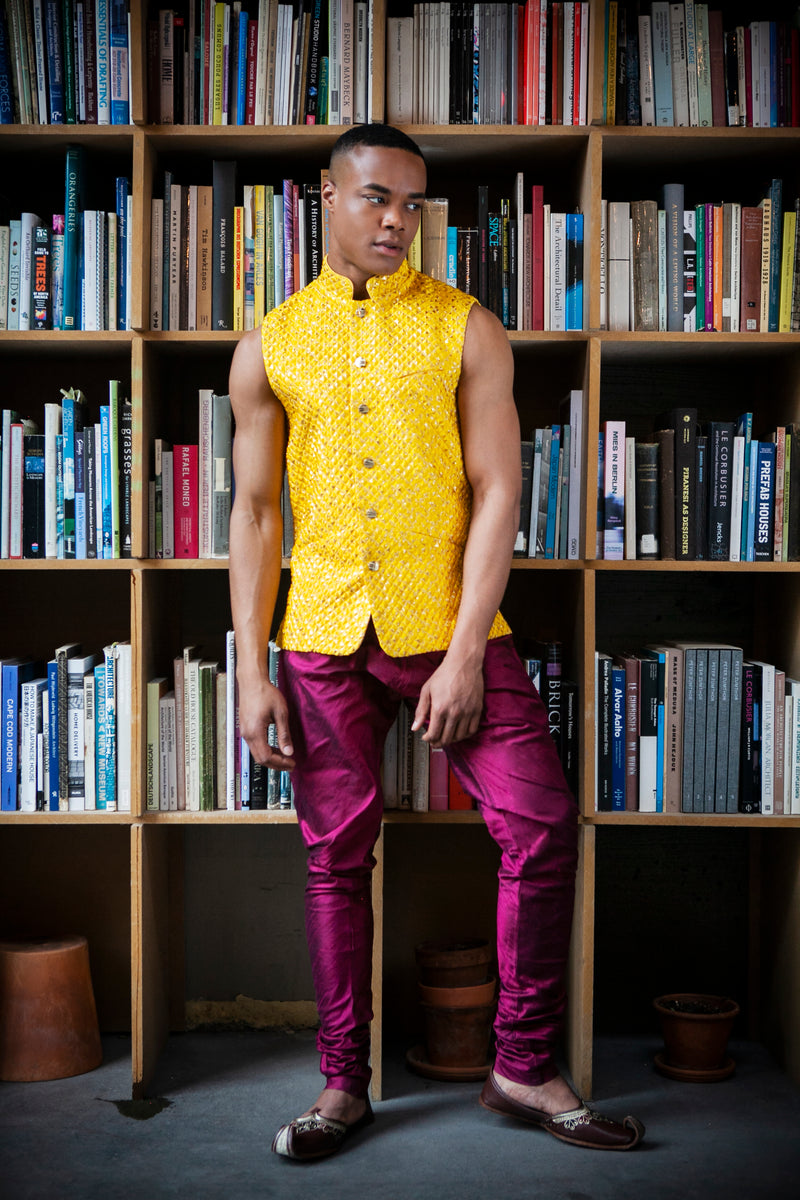 KONA Yellow Diamond Jacquard Vest - Front View - Harleen Kaur - South Asian Menswear