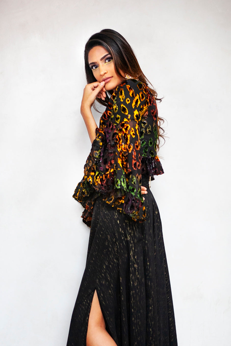 SEEMA Ruffled Leopard Burnout Top - Side View - Harleen Kaur - Modern Indian Womenswear