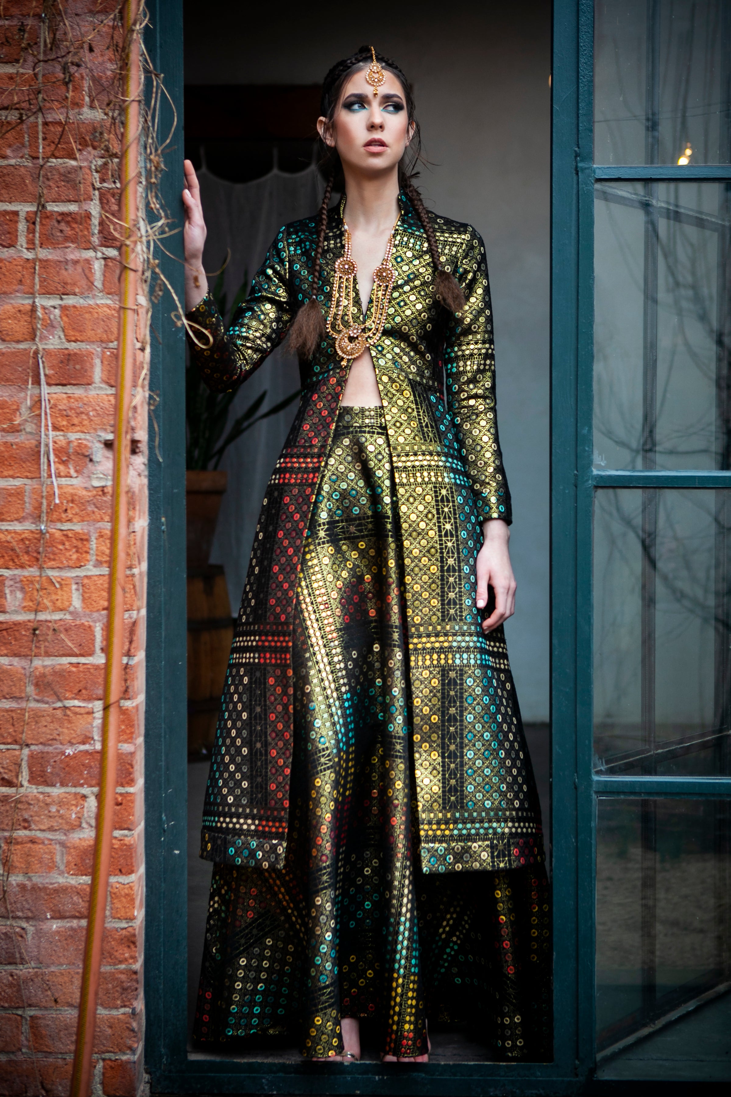 ANEELA Jacquard Skirt with Metallic and Rainbow Geometric Details - Front View - Harleen Kaur